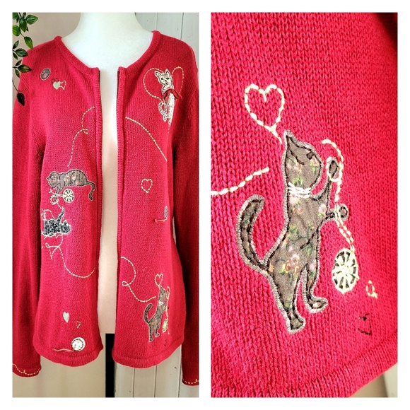 VINTAGE 80's CAT LOVERS COTTON CARDIGAN RED - Picture 1 of 8